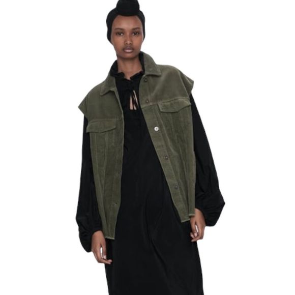 Zara Olive Green Corduroy Oversize Button Up Vest Jacket Unisex Sz M NWT - Picture 1 of 11